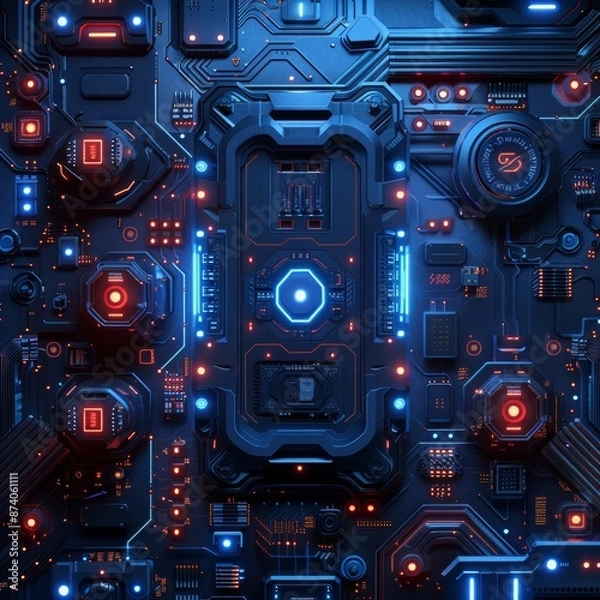 Fototapeta Futuristic Advanced Digital Board with Interconnected Systems in Sleek Blue Hues