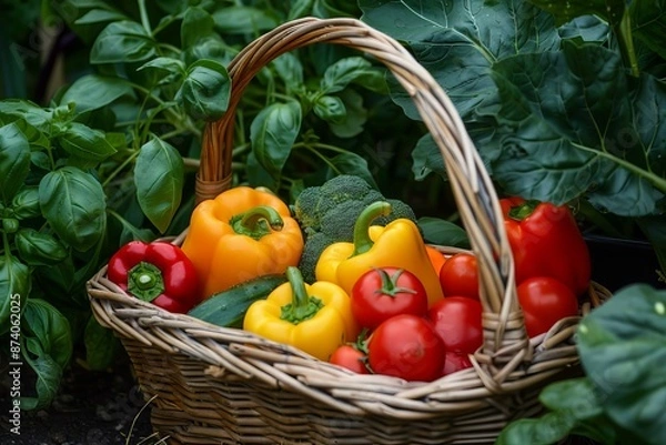 Fototapeta Colorful bell peppers, tomatoes, and broccoli in a basket amidst greenery