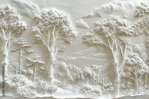 Obraz 3D relief forest wallpaper with intricate details and elegant design in off white color and Mural wallpaper.