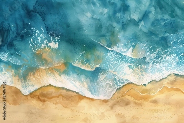 Fototapeta aerial watercolor seascape soft blue waves meet golden sand ethereal birdseye view dreamy impressionistic style fluid brushstrokes coastal beauty captured serene beach scene from above