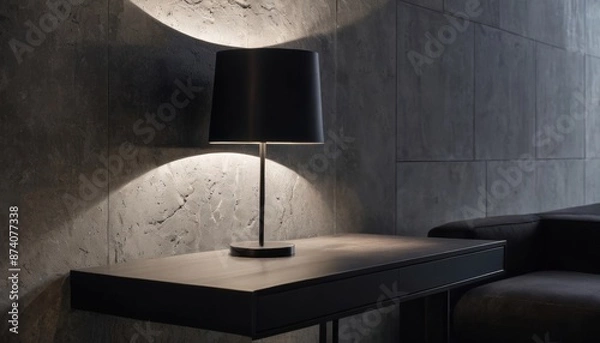 Obraz Grey wall panels and a black side table in minimalistic interior design composition.
