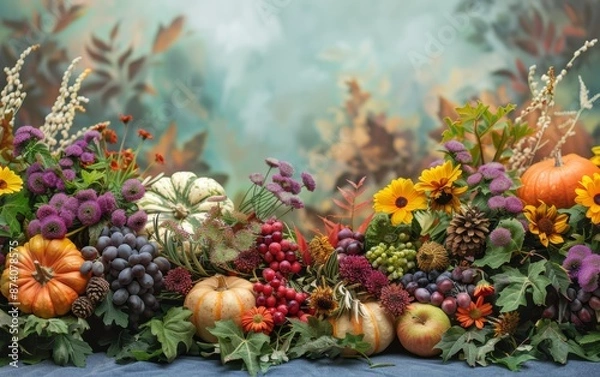 Fototapeta Autumnal still life with pumpkins, grapes, apples, and fall foliage.  Perfect for Thanksgiving or harvest themes.