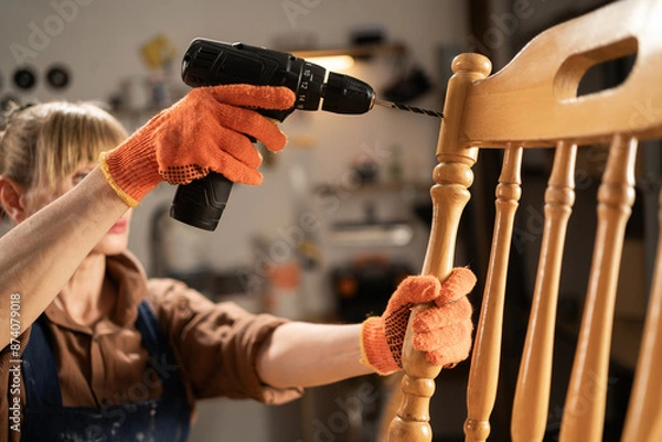 Fototapeta Female craftsman in apron and shirt making holes in chair during repair, standing in her workshop. concept repair and restoration of old furniture