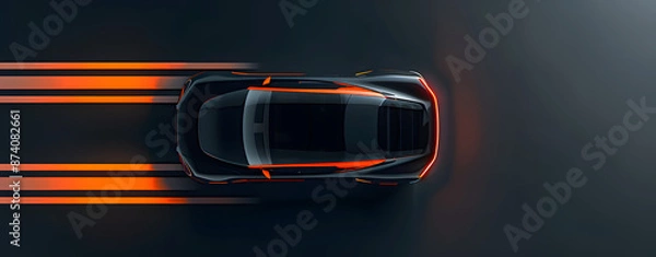 Fototapeta A top-down view of a sleek, high-speed sports car with glowing orange light trails speeding on a dark road. The dynamic motion and modern design emphasize speed and performance