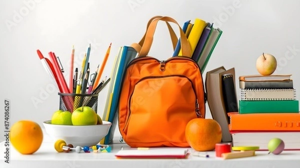 Obraz  A neatly arranged back-to-school setup with a decent bag filled with books, various stationery supplies, and fresh fruit , all on a solid white background. 
