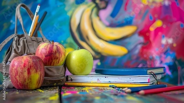 Obraz  A well-lit scene showcasing a collection of school supplies, including a decent bag, a book, a pen, a pencil, an apple, and  bananas, all set against a backdrop of vibrant splashes. 
