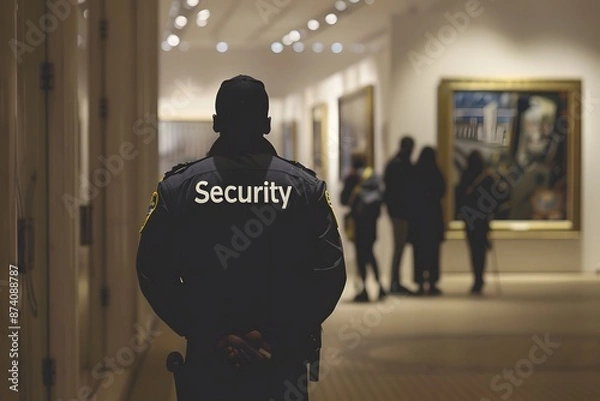 Obraz Close-up of a security guard's back with the word "Security" visible, standing in front of a museum, emphasizing museum security 