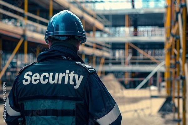 Obraz Close-up of a security guard's back with the word "Security" visible, standing in front of a construction site, emphasizing construction security 