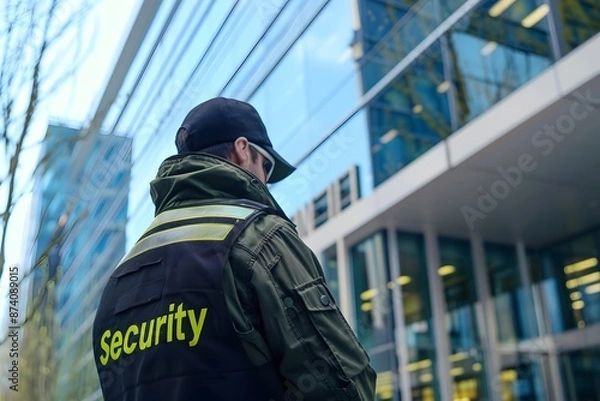 Obraz Close-up of a security guard's back with the word "Security" visible, standing in front of a corporate office building, focusing on corporate security 
