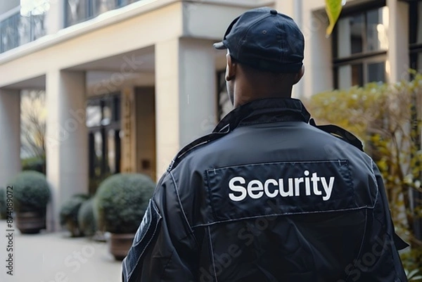 Obraz Close-up of a security guard's back with the word "Security" visible, standing in front of a residential building, highlighting residential security