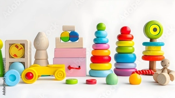Fototapeta Colorful Toys for Infant Development Arranged in Tranquil Garden Setting on Pure White Background