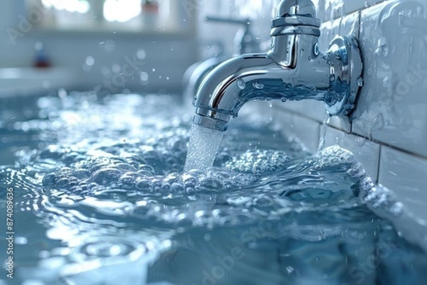 Fototapeta A metal tap is running, filling a sink to the point of overflow, with water splashing onto the surrounding area, indicating waste or plumbing issues.