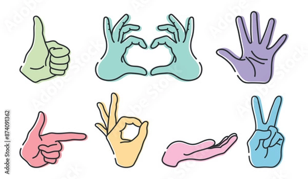 Fototapeta Hands with gestures OK, peace sign, thumb up, pointing index finger, showing heart, cupped hand, open palm. Line icons set isolated on white background