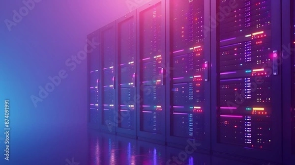 Obraz A vibrant data center with illuminated server racks, highlighting advanced technology infrastructure in a futuristic setting.