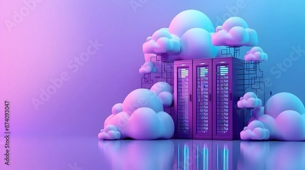 Fototapeta Colorful data center with cloud computing concept, servers surrounded by clouds in vibrant pink and blue lighting.