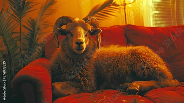 Fototapeta Sheep Relaxing on Red Couch - Photo