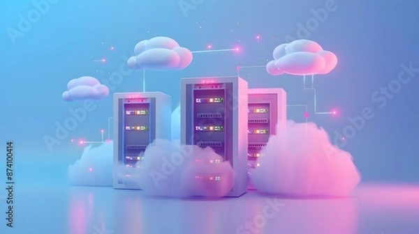 Fototapeta Modern cloud computing concept with servers and fluffy clouds connected. Futuristic data storage and technology infrastructure.