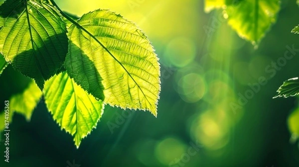 Fototapeta Close up of sunlit green leaves in the forest. Vibrant nature with fresh foliage under sunlight. Perfect for background, wallpaper or conceptual art. The image has a natural, serene style. AI