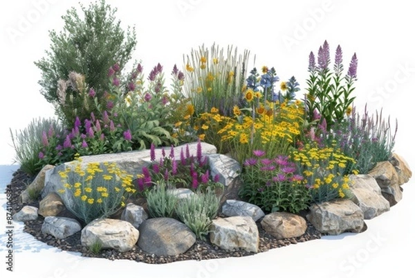 Fototapeta Round Rock Garden with Various Flowers Creating a Colorful and Decorative Outdoor Space