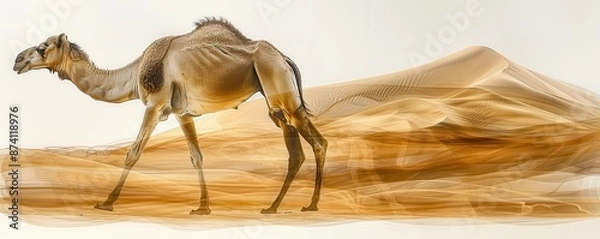 Obraz Camel and desert dunes double exposure, showcasing wildlife resilience in arid landscapes.