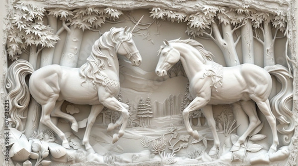 Fototapeta 3D relief two horse in forest wallpaper with intricate details and elegant design in off white color and Mural wallpaper.