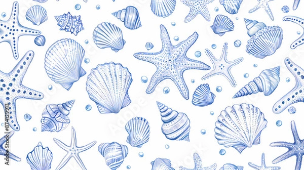 Fototapeta Cute Sea Stars, coral and shells in light blue pastel colors on a white background. - Seamless tile. Endless and repeat print.
