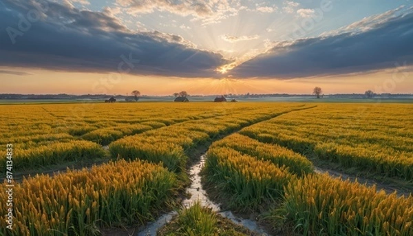 Fototapeta Sunset over a field of golden wheat.
