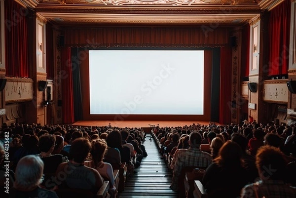 Fototapeta Large empty white screen in the middle of an audience at a movie theater, with a web banner and copy space on the right, symbolizing entertainment and advertising opportunities.