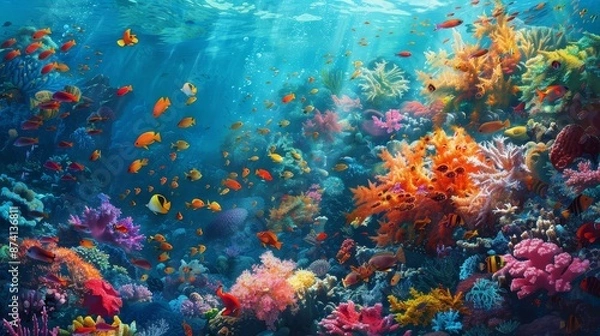 Fototapeta Underwater Paradise: A Vibrant Coral Reef Ecosystem - A vibrant and colorful coral reef teeming with life. The image captures the beauty and diversity of this underwater ecosystem.