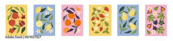Fototapeta Collection of abstract prints contemporary art. Summer hand drawn fruits. Pomegranate, orange, pear, strawberry, lemon and fig. Modern design for posters, cards, prints.