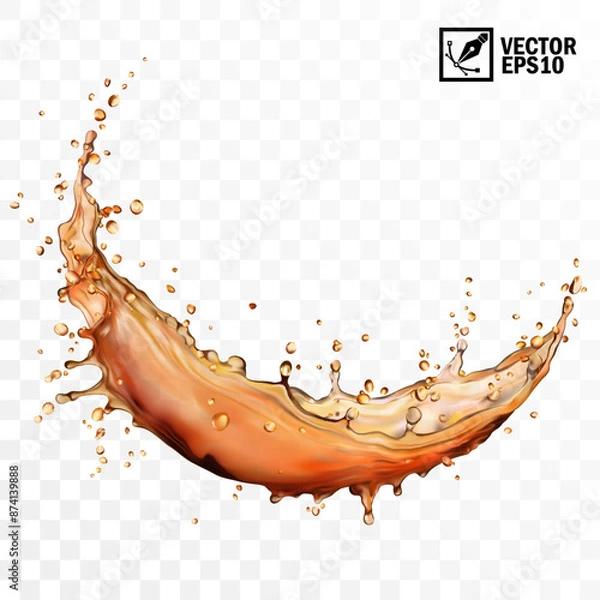 Fototapeta Realistic transparent isolated vector splash of tea, coffee, Cola or whiskey with drops, a splash in the form of a circle
