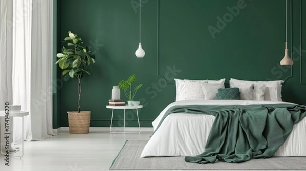 Fototapeta A green bedroom with a white bed, a large green plant in a wicker basket, and a white end table with books and a vase.