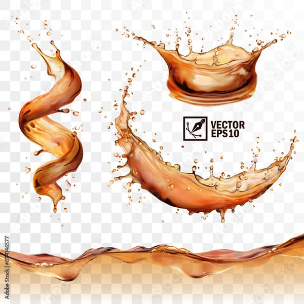 Obraz Realistic transparent isolated vector set splashes of tea, coffee, Cola or whiskey with drops, a splash of falling liquid in the form of a spiral, crown and circle,, a wave with bubbles