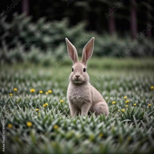 Fototapeta Fluffy rabbit in the forest on the grass