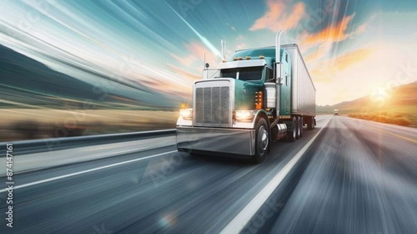 Fototapeta A semi-truck speeds down a highway, the setting sun casting a warm glow on the road