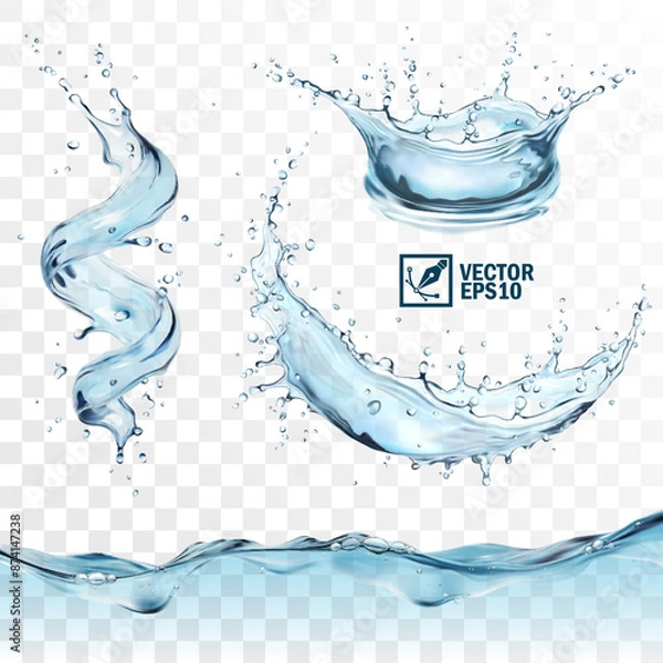 Obraz Realistic transparent isolated vector set splashes of water with drops, a splash of falling water in the form of a spiral, crown and circle, a wave with bubbles