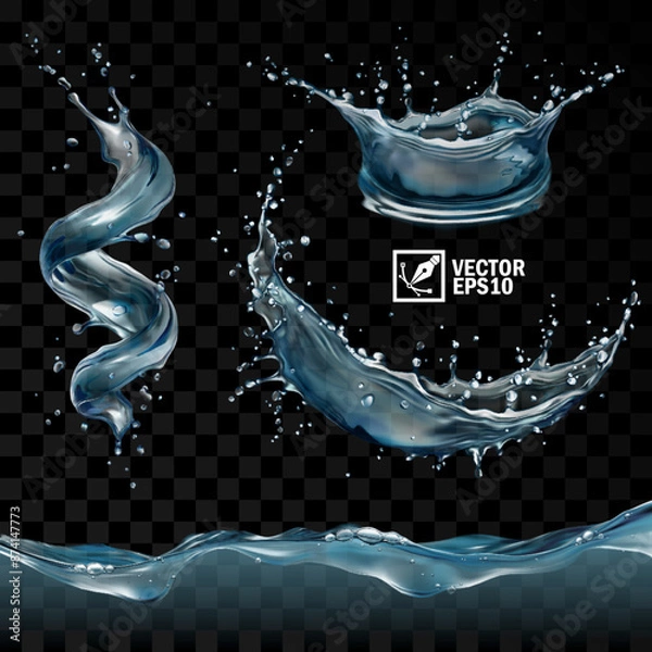 Fototapeta Realistic transparent isolated vector set splashes of water with drops, a splash of falling water in the form of a spiral, crown and circle, a wave with bubbles, black background