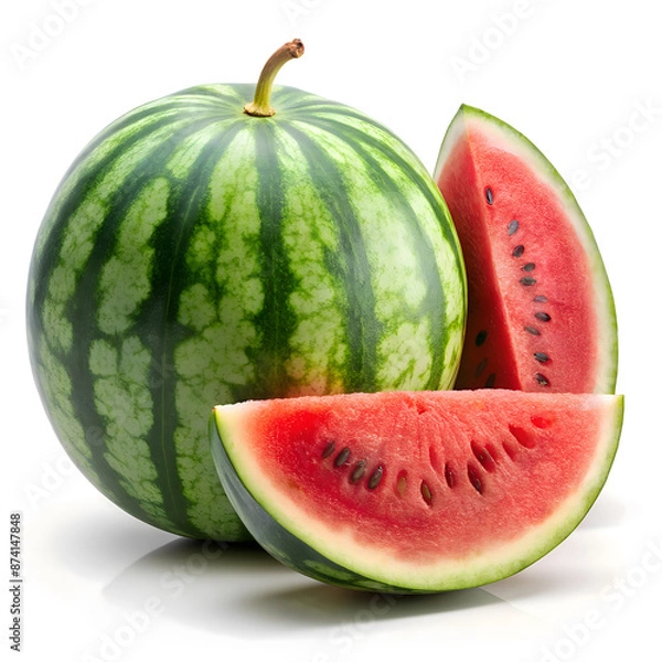 Fototapeta Whole watermelon with a slice cut out displaying vibrant red flesh and black seeds, placed on a white background, emphasizing fresh summer fruit