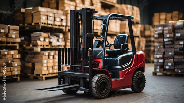 Fototapeta A red forklift parked in a warehouse.