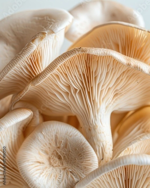 Fototapeta Close-up of a cluster of fresh, beige oyster mushrooms showcasing their delicate gills and intricate texture.