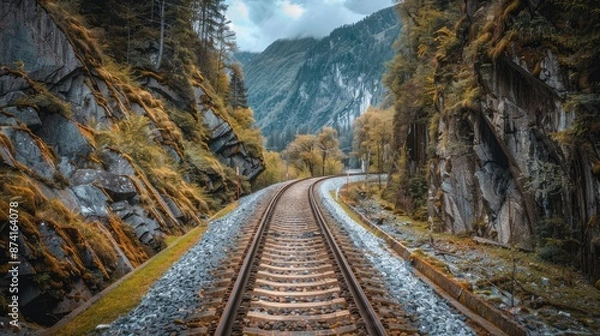 Fototapeta A scenic railway track through a mountain pass
