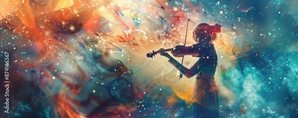 Fototapeta A woman is playing a violin in a colorful, swirling background. Free copy space for text.
