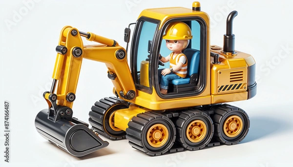 Fototapeta A Colorful 3D Caricature of a Construction Worker in Action with a Yellow Excavator, A Lively 3D Caricature of a Construction Worker on a Yellow Excavator
