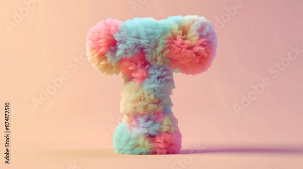 Obraz 3D rendering of a colorful, furry lowercase letter "T" against a gradient background