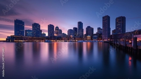 Fototapeta A breathtaking perspective of a city skyline at dusk, reflecting over calm water with skyscrapers and buildings lit up under a clear blue and pinkish sky.