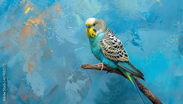 Fototapeta A small green and yellow budgie perched on a branch, with a blurred blue background.