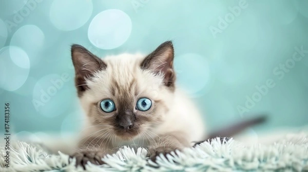 Obraz Adorable Siamese kitten with blue eyes looking at the camera.