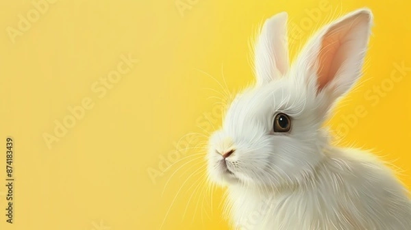 Obraz Cute white rabbit with big ears looking to the side on a yellow background.