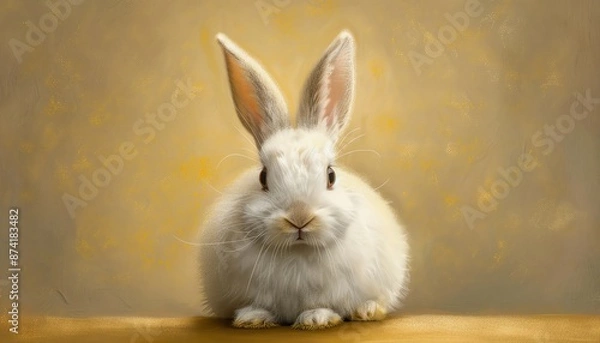 Obraz A cute white rabbit sitting on a light brown background.