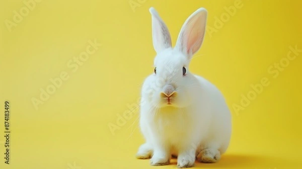 Obraz Cute white rabbit sitting on a yellow background.